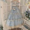 Sweet Lolita Lace Spaghetti Strap Dress Women Elegant Ruffle Trim Princess Long Dress Vintage Floral Tiered Ball Gown Outfit