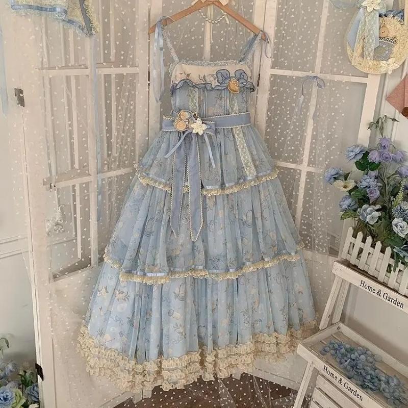 Sweet Lolita Lace Spaghetti Strap Dress Women Elegant Ruffle Trim Princess Long Dress Vintage Floral Tiered Ball Gown Outfit