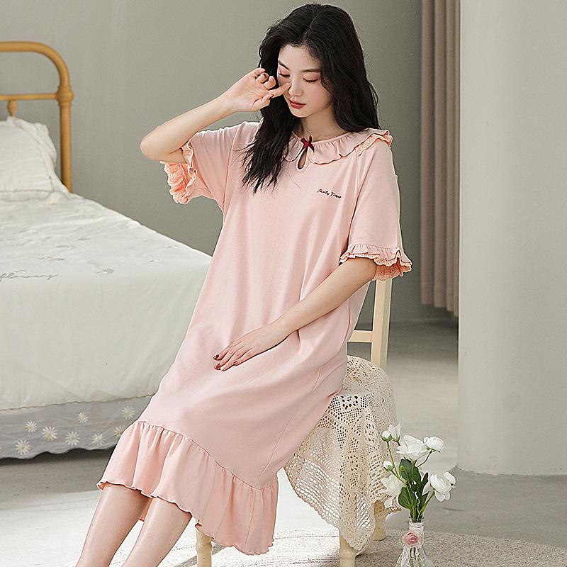 Summer Girl Pink Bow Nightdress Pure Cotton with Chest Pad Anti-bumping Short Sleeve Elegant Lazy Lady Princess Dress