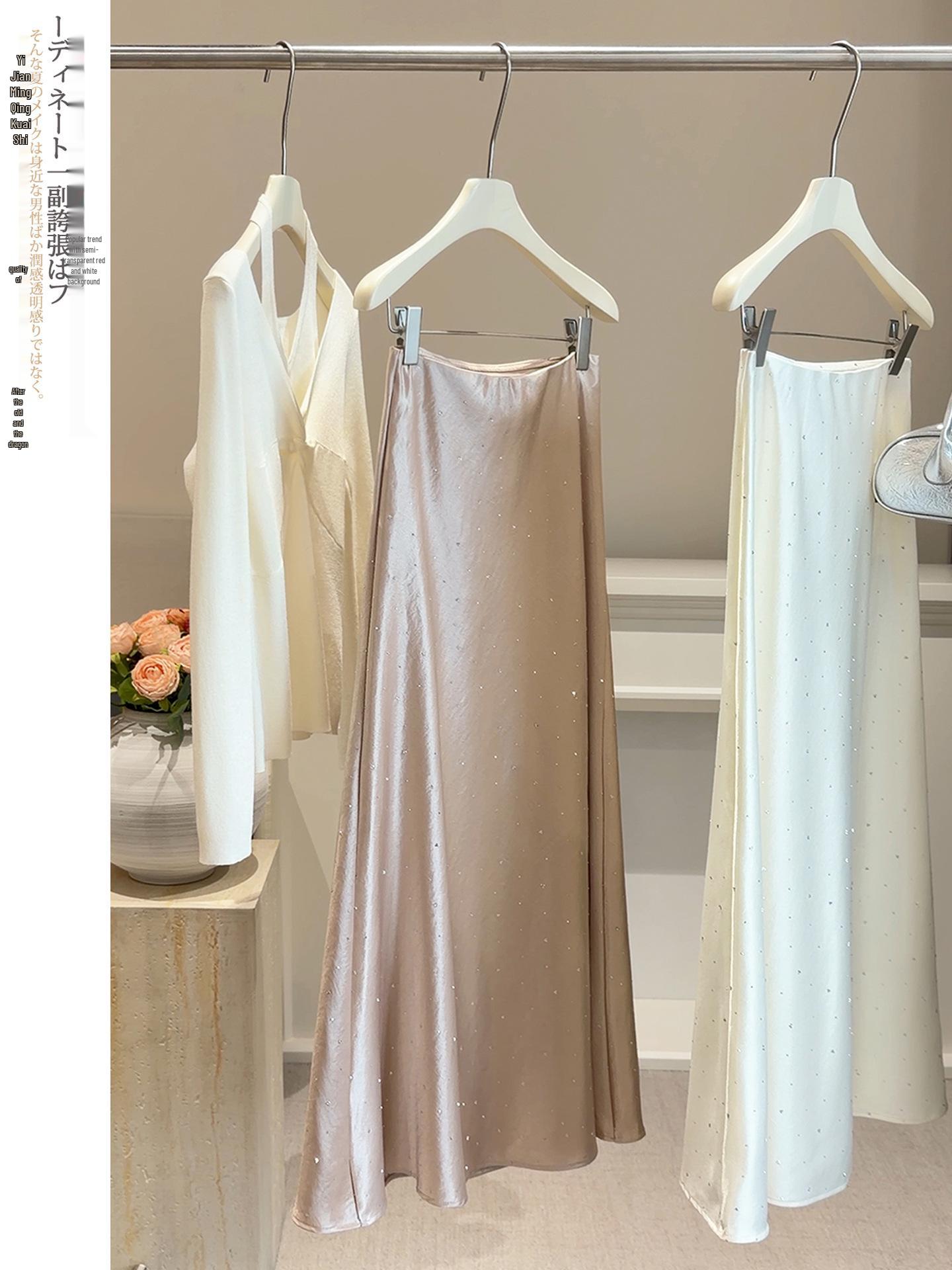 Acetate Rhinestone Satin A-line Fishtail Skirt - Women s High Waist Slimming Hip-hugging (Spring/Summer 2026) Extra Large