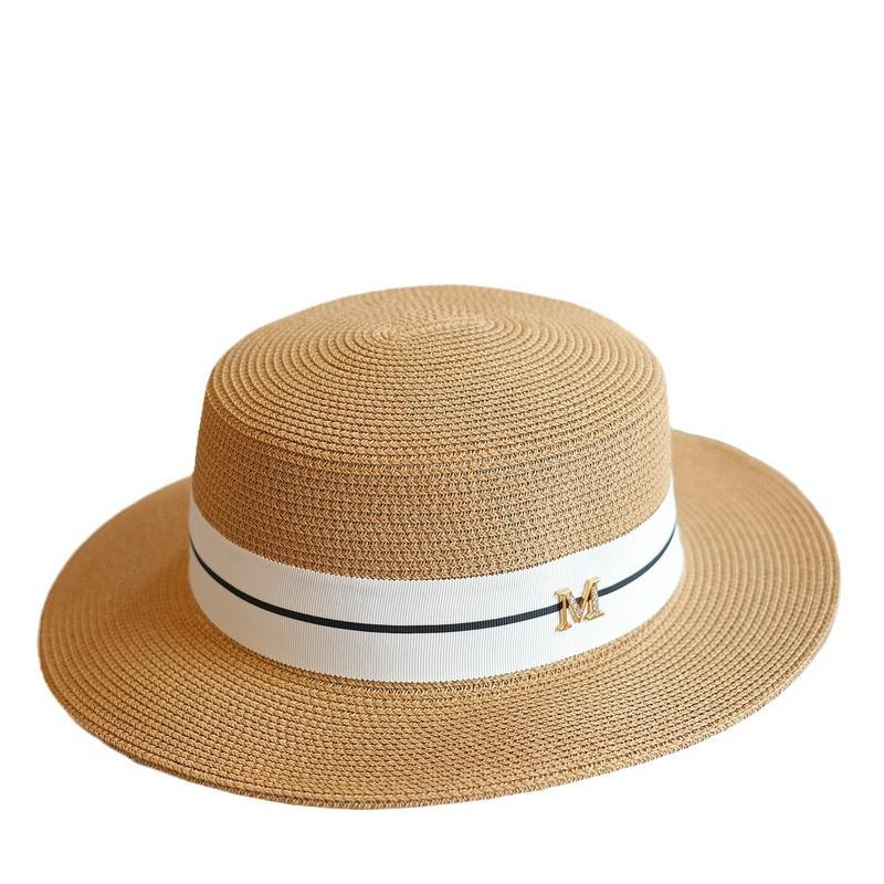 M Standard Flat Top French Retro Straw Top Hat Spring and Summer Fashion Seaside Vacation Leisure Sun Hat Women
