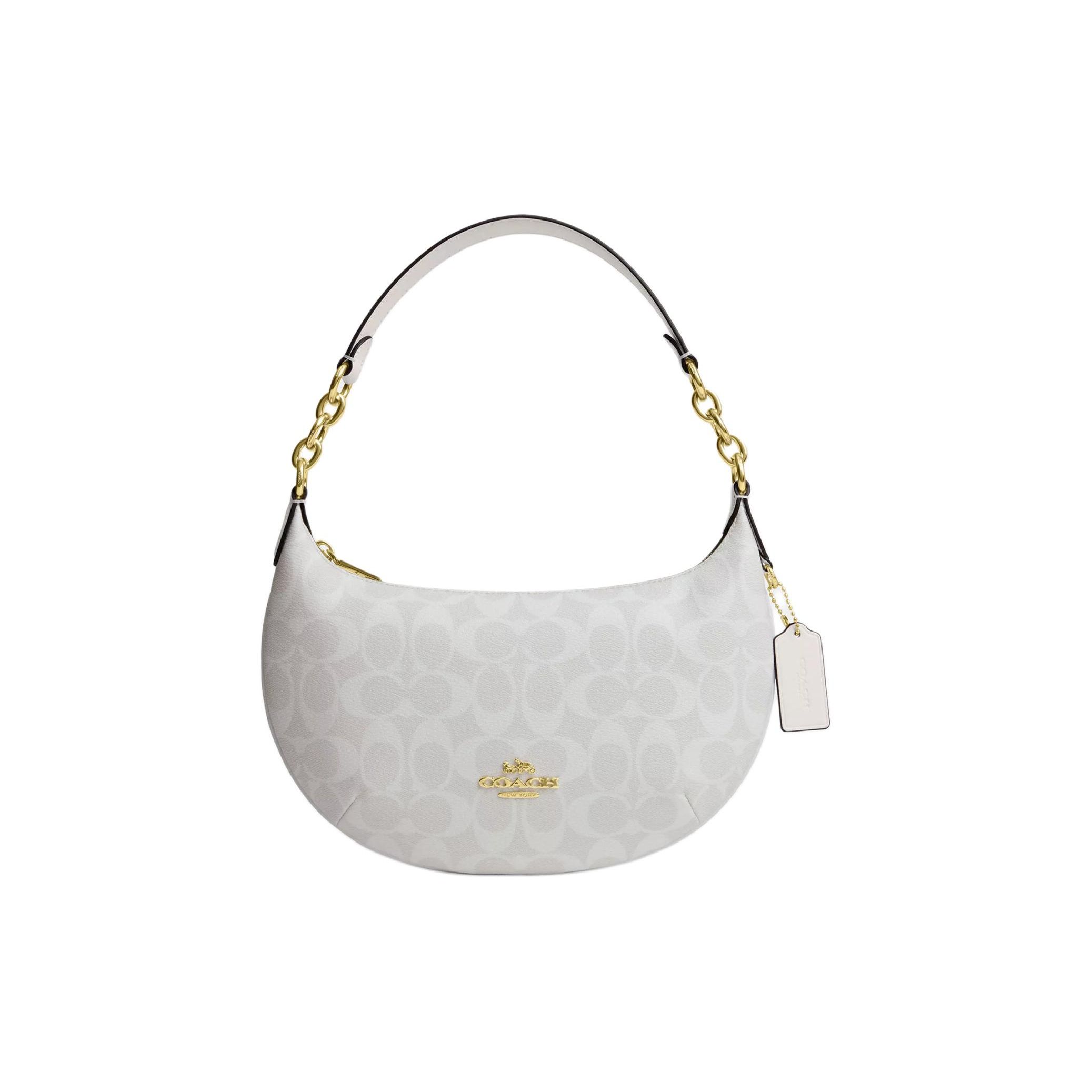 Coach White Signature Canvas Chain Strap Crescent Shoulder Bag for Daily Use Basic Set (Bag+Dust Bag)