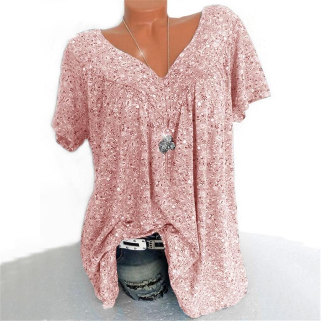 Large Size, Floral Top, V-neck, T-shirt, Loose Fit, Short Sleeved, Printed T-shirt
