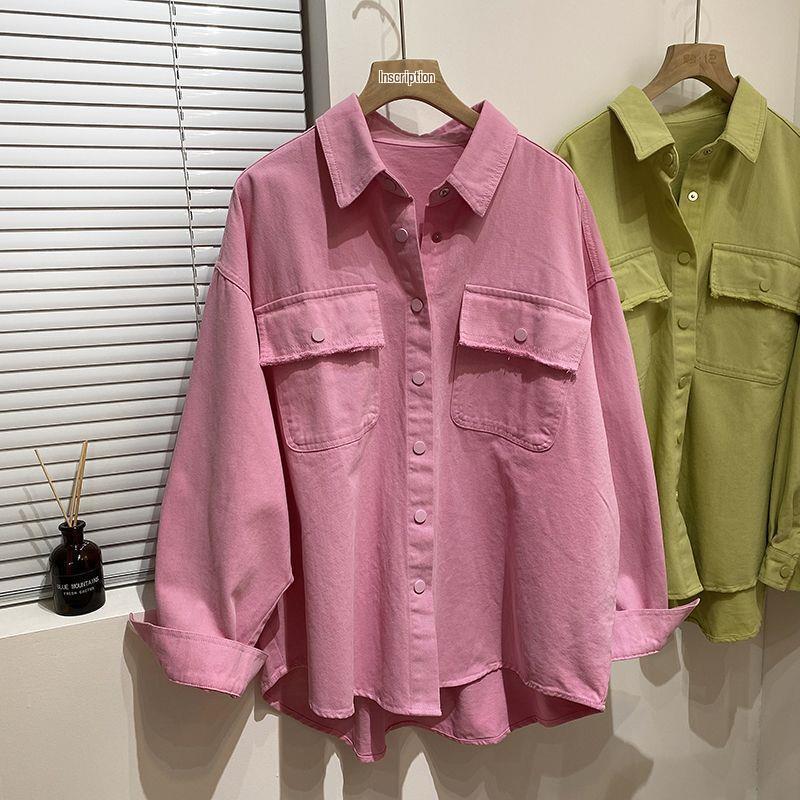 

Women s Korean Oversized Green Denim Shirt Jacket - Spring Candy Color, Hong Kong Style M [Recommended for 115-130 lbs] рожевий червоний колір