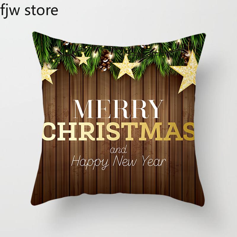 Merry Christmas and Happy New Year Decorative Pillowcase Wood Printing Throw Pillow Cover Sofa Chair Cushion  Home Decor