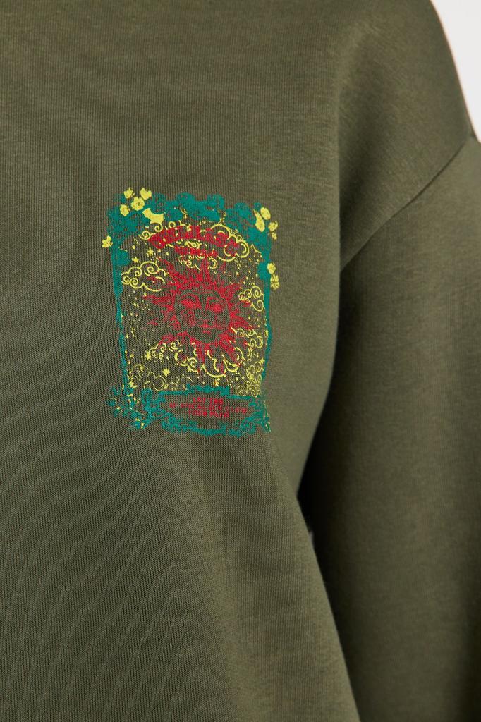 Women's Fashionable Stylish Sweatshirt Khaki Thick Inside Fleece Front and Back Printed Oversize Wide Fit Knitted Sweatshirt