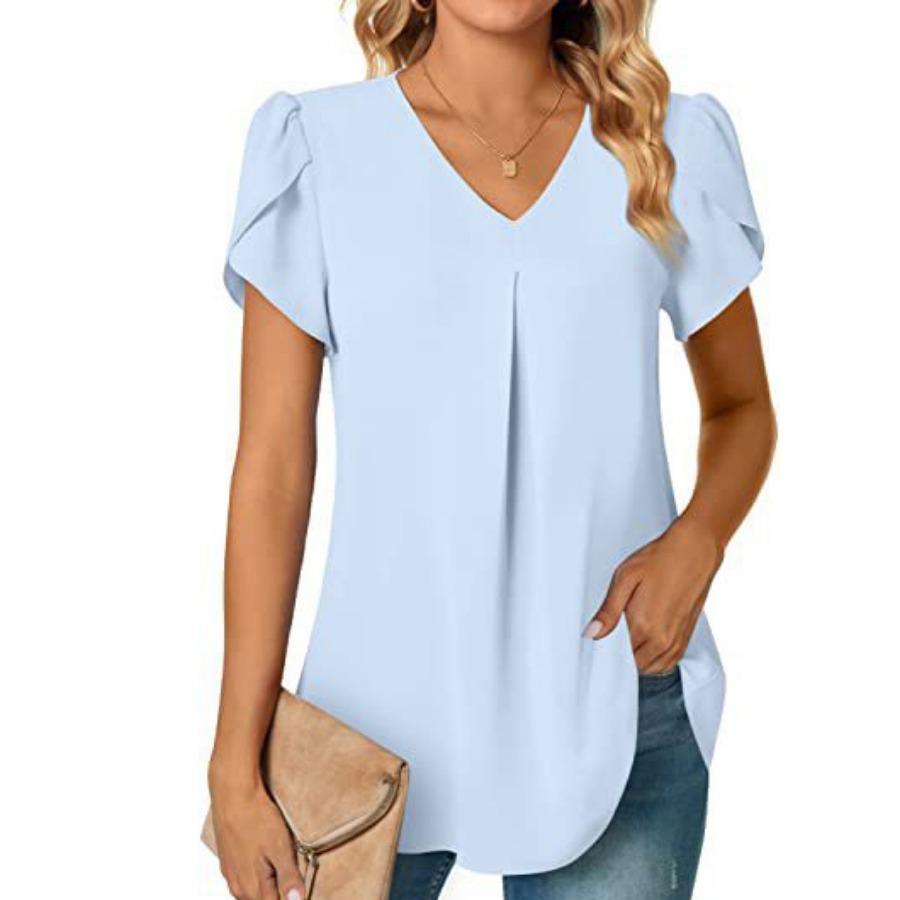 Summer V-neck Petal Sleeve Shirt Women's Solid Short Sleeve Blouse
