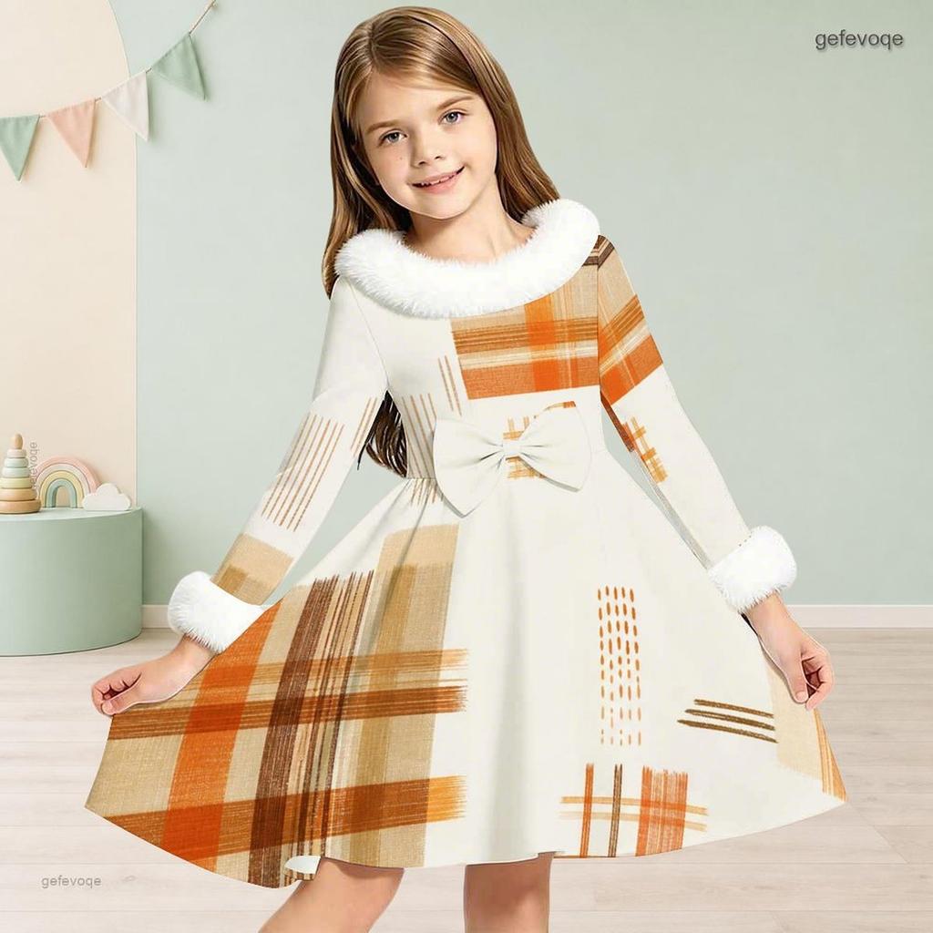 Girls Furry Collar Long Sleeve Patchwork Plaid Printed A Line Flared Dress