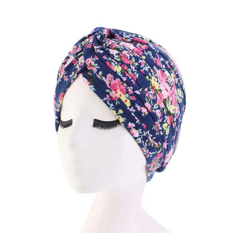 Indian Turban Muslim Women Hijab Floral Printed Hat Cancer Chemo Cap Islamic Hair Loss Cover Beanie Bonnet Head Scarf Pleated