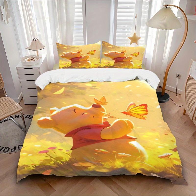 3pcs Winnie the Pooh Butterflies Printed Quilt Set Soft and Comfortable Quilt Cover for Bedroom, Guest Room Bedding Set Q091