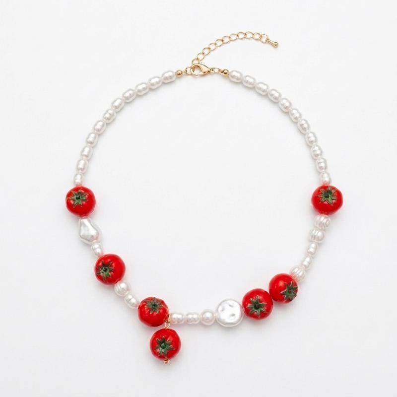 Y2K Vintage Fruit Beaded Necklace Handmade Blueberry Lemon Decor Lightweight Summer Jewelry for Women
