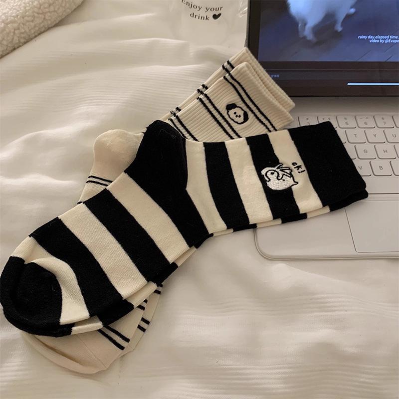 Women’s Striped Cartoon Puppy Mid-Calf Cotton Socks - Soft, Breathable, Cute Japanese Style