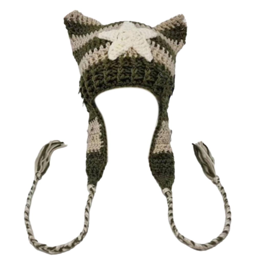 Cat Ear Beanie Hat for Women Harajuku Style Star Patched Earflap Hat Handmade Crochet Hat Y2K Sweet Winter Warm Headwear