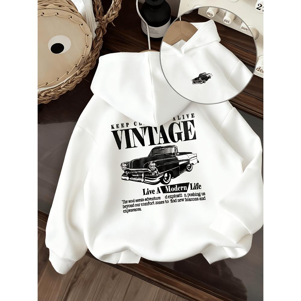 Children's RETRO CAR VINTAGE Letter Printed Hoodie Loose Casual Long-sleeved Top, Spring and Autumn Models