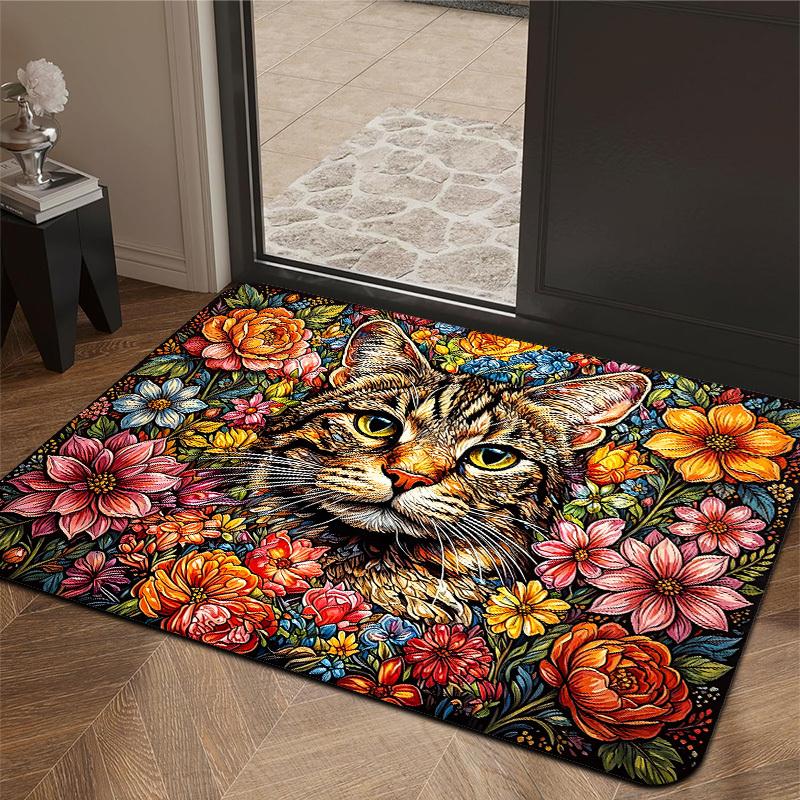 1pc Full Floral Tabby Cat Art Floor Mat, Fleece Material, Thick Plush, Sponge Thickness 1.02 cm, Machine Washable Non-Slip Absorbent Soft Pad, Suitabl