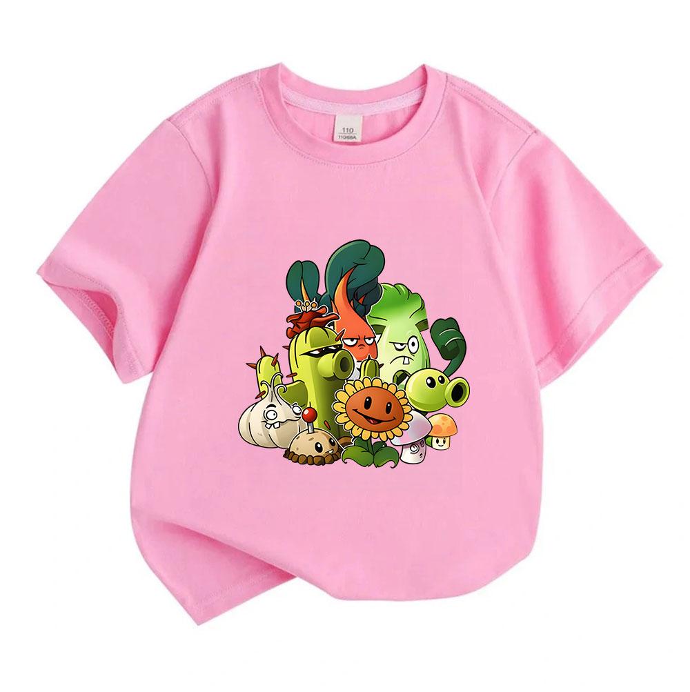 Kids Boys Girls 100% Cotton Crew Neck Short Sleeve T-Shirt Cute Game Plant Character Printed Casual Soft Breathable Tee for Children Daily Wear