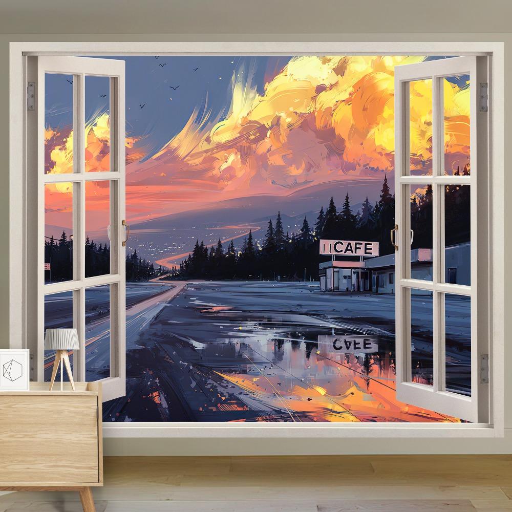 Scenic Landscape Hanging Cloth Natural Woods Beach Simulation Window Decoration Room Background Cloth Wall Painting Cloth