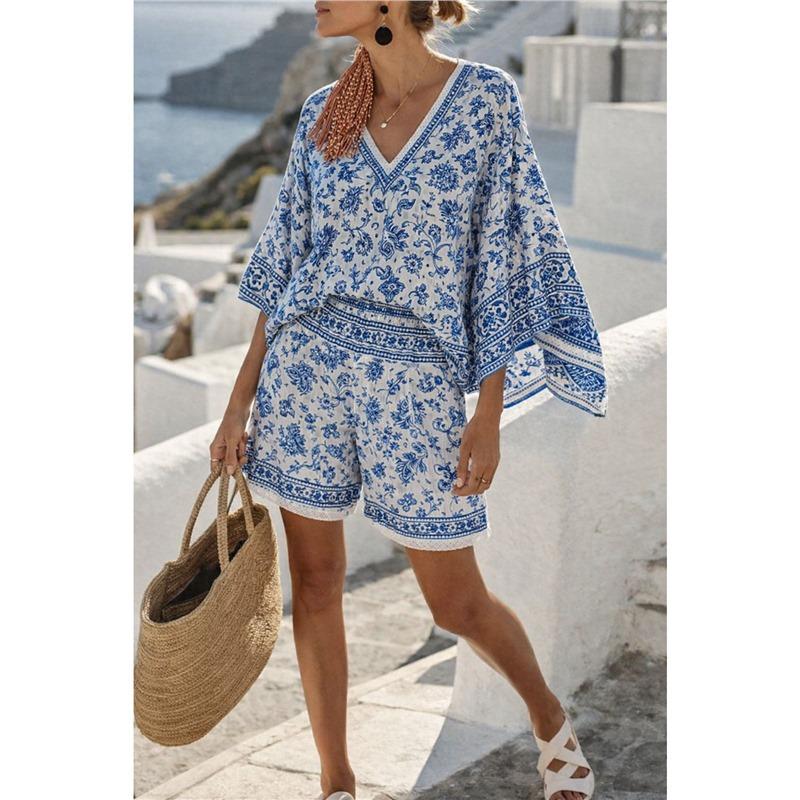 16 European and American summer printed beach blouse vacation casual bikini beach bat sleeve set