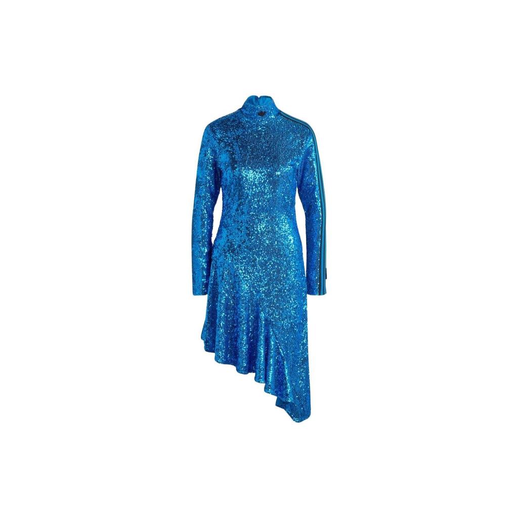 Adidas Originals Blue Version Series Sequin Trim Irregular Hem High Neck Long Sleeve Dress Women Dresses HR3414