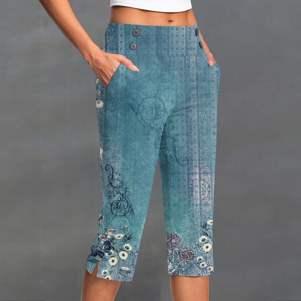 Damen Vintage Blumenmuster Knopf Tasche Hose Schlitz Hohe Taille Sport Yoga Freizeit Hose