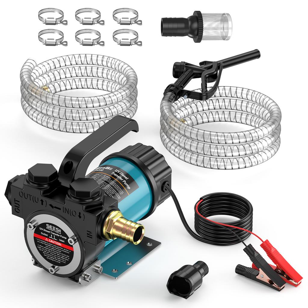 SEESII Electric Diesel Transfer Pump Kit, 12V Fuel Transfer Pump for Diesel Kerosene, 13GPM Portable Transfer Pump with Filter, Fuel Nozzle, 2x6.56FT