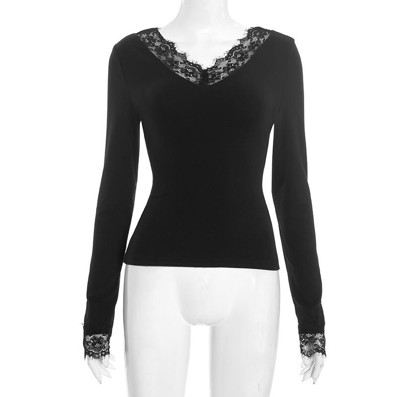 Pure Desire V-neck Lace Trim Long-sleeve Slimming Top for Women - Spring/Autumn Trendy Style