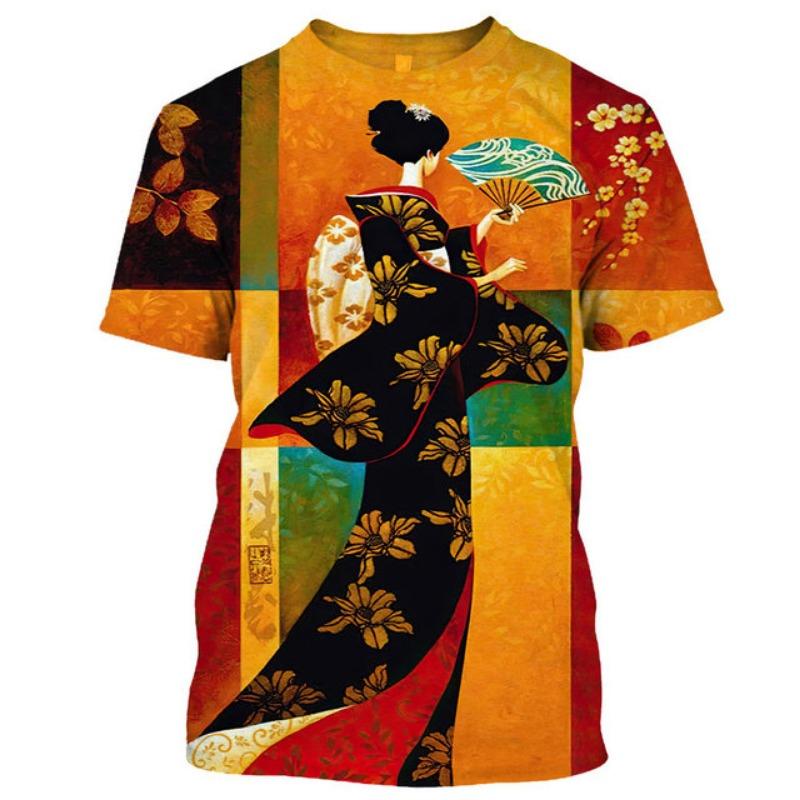 Japanese Geisha Samurai Men's T Shirt Casual Round Neck Short Sleeve Tees Fashion Trend Harajuku Pullover Oversized Hip Hop Tops