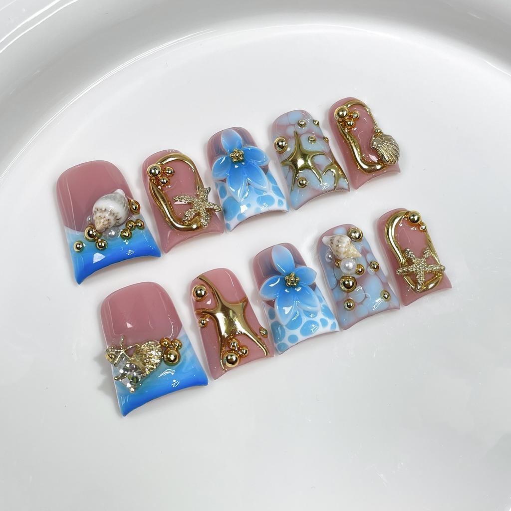 10Pcs Handmade 3D Flower Pearl Gradient Blush French Duckbill Press On Nails Set