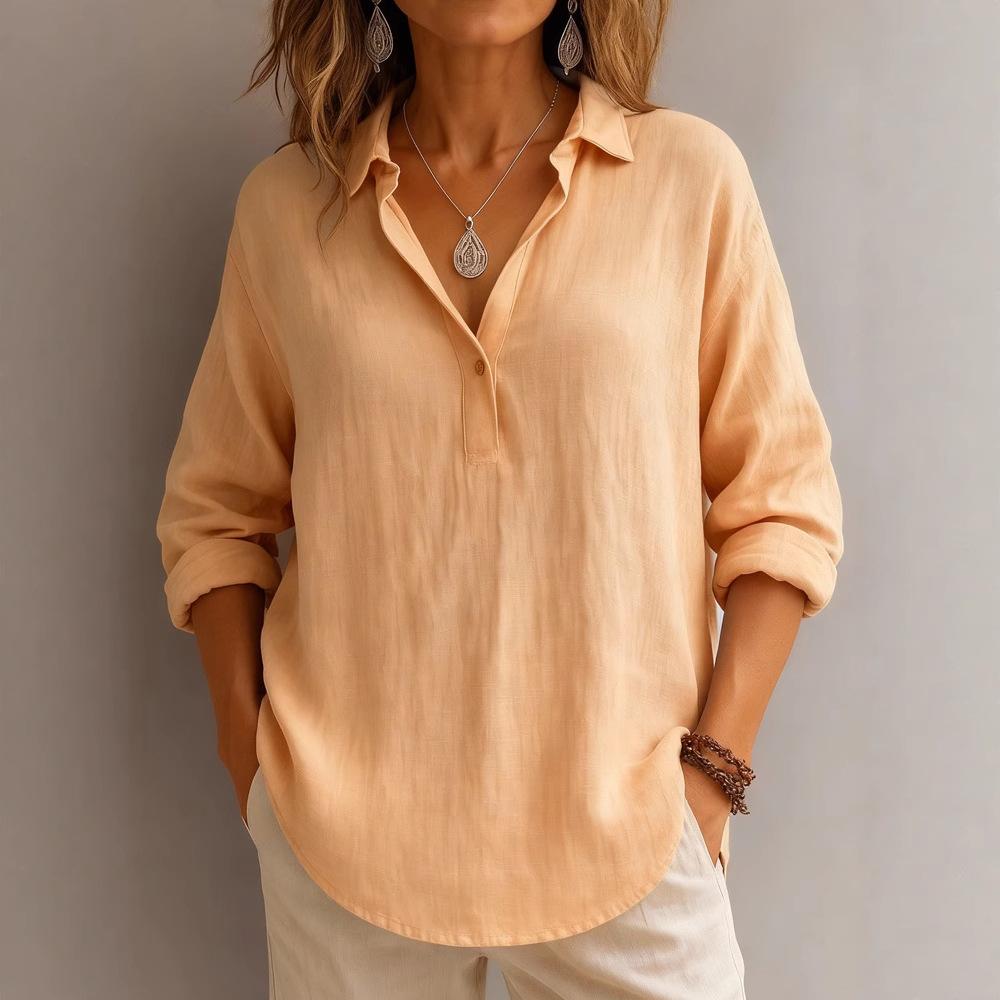 2025 Damen Frühlingshemd Kragen Langarm Pullover Einfarbig Locker Damenhemd