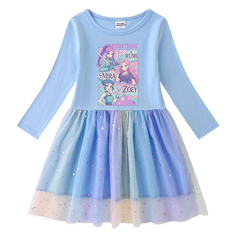 Korean Style Kpop Demon Slayer Mesh Princess Dress for Girls - Short/Long Sleeve Options