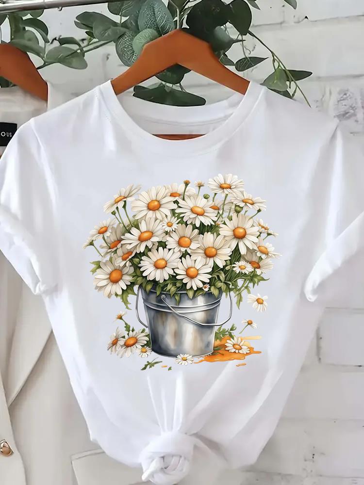 (Asian Size) Sweet Flower Cute Tee Clothing Lady Female Top Printed Women Casual T Shirt Fashion Graphic Short Sleeve T-shirts