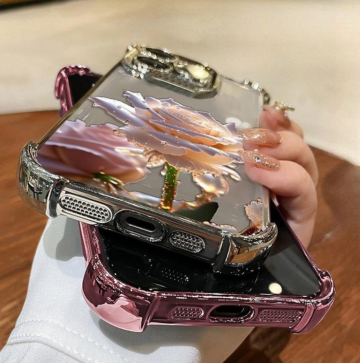 Crystal Rose Electrode Plating Anti-fall Case Suitable for iPhone 16 15 14 13 12 11 Pro/ Max/Plus Shockproof Back Cover