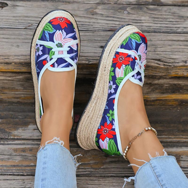 Mode Mode Einzelne Schuhe Herbst Neu Runde Zehenpartie Flacher Ausschnitt Bedruckt Stroh Plateau Rutschfest Abriebfest Kitten Heel Schuhe