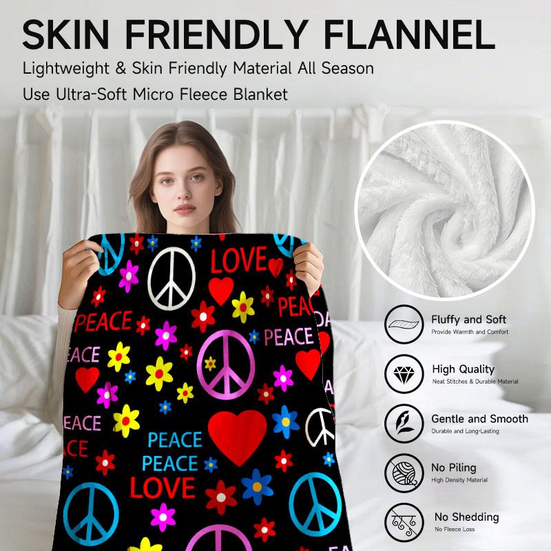 Peace & Love themed colorful fleece blanket, perfect for sofa, bed, office. Ideal gift for family, friends, holidays.