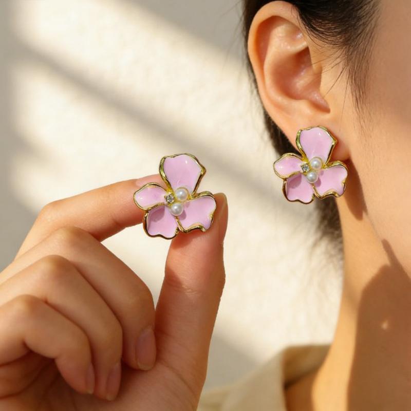 

Korea s New Fashion Elegant Imitation Pearl Pink Flowers Stud Earrings Female Daily Accessories Party Zircon Girl Birthday Gift