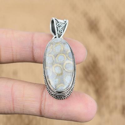 Hochzeitsgeschenk für Sie 925 Silber Natürlicher Fossilkorallen Edelstein Anhänger Vintage