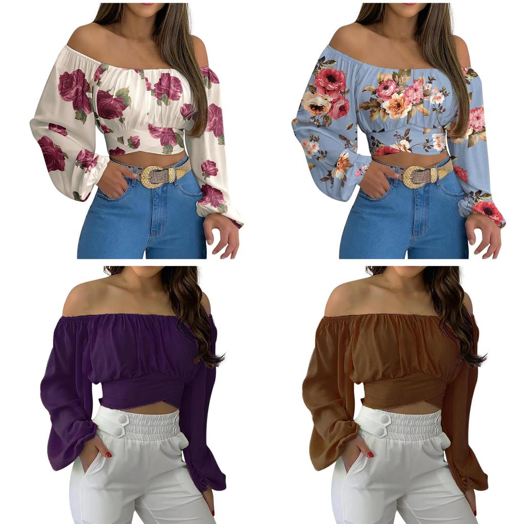 Spring Summer Womens Off Shoulder Cross Tie Long Sleeve Blouse For Casual Office Wear