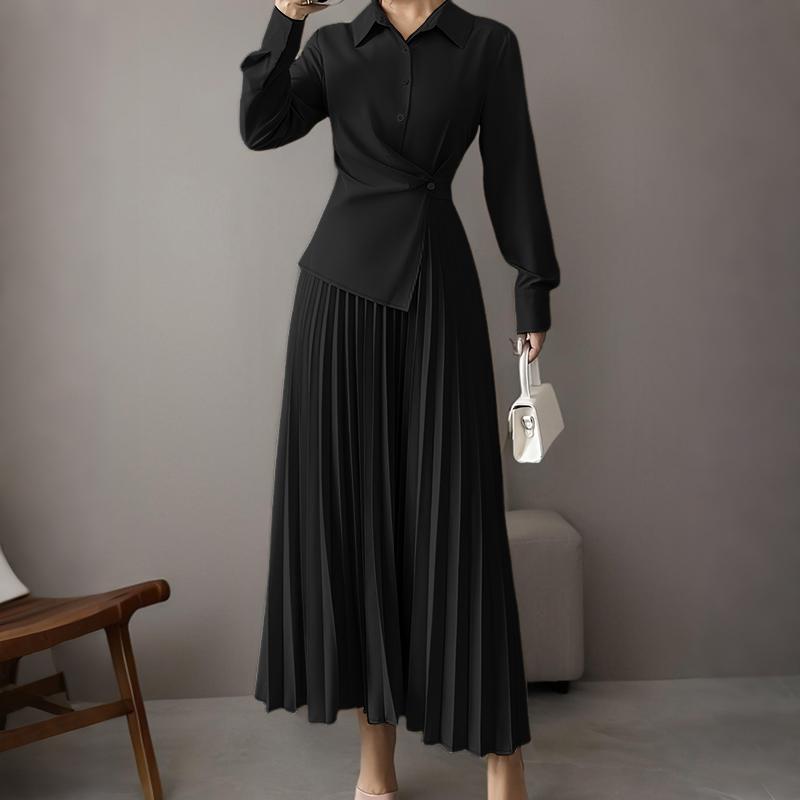 

ZANZEA Жіноча повсякденна елегантна плісирована сукня з довгим рукавом та відкладним коміром 5XL чорний