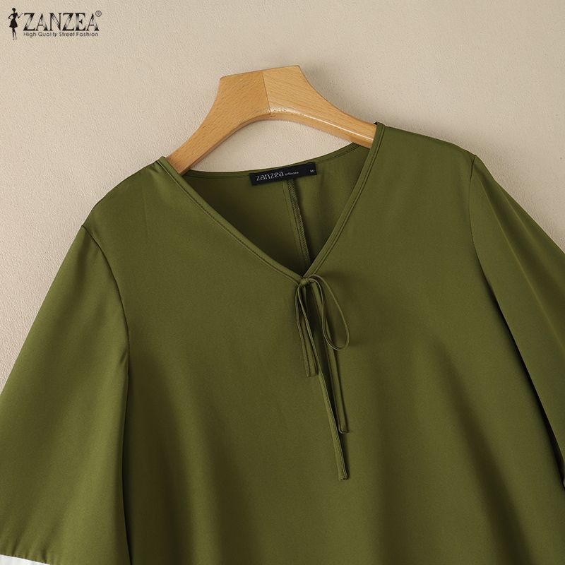 ZANZEA Women Elegant Casual V-Neck Pring Splice 3/4 Sleeve Loose Blouse