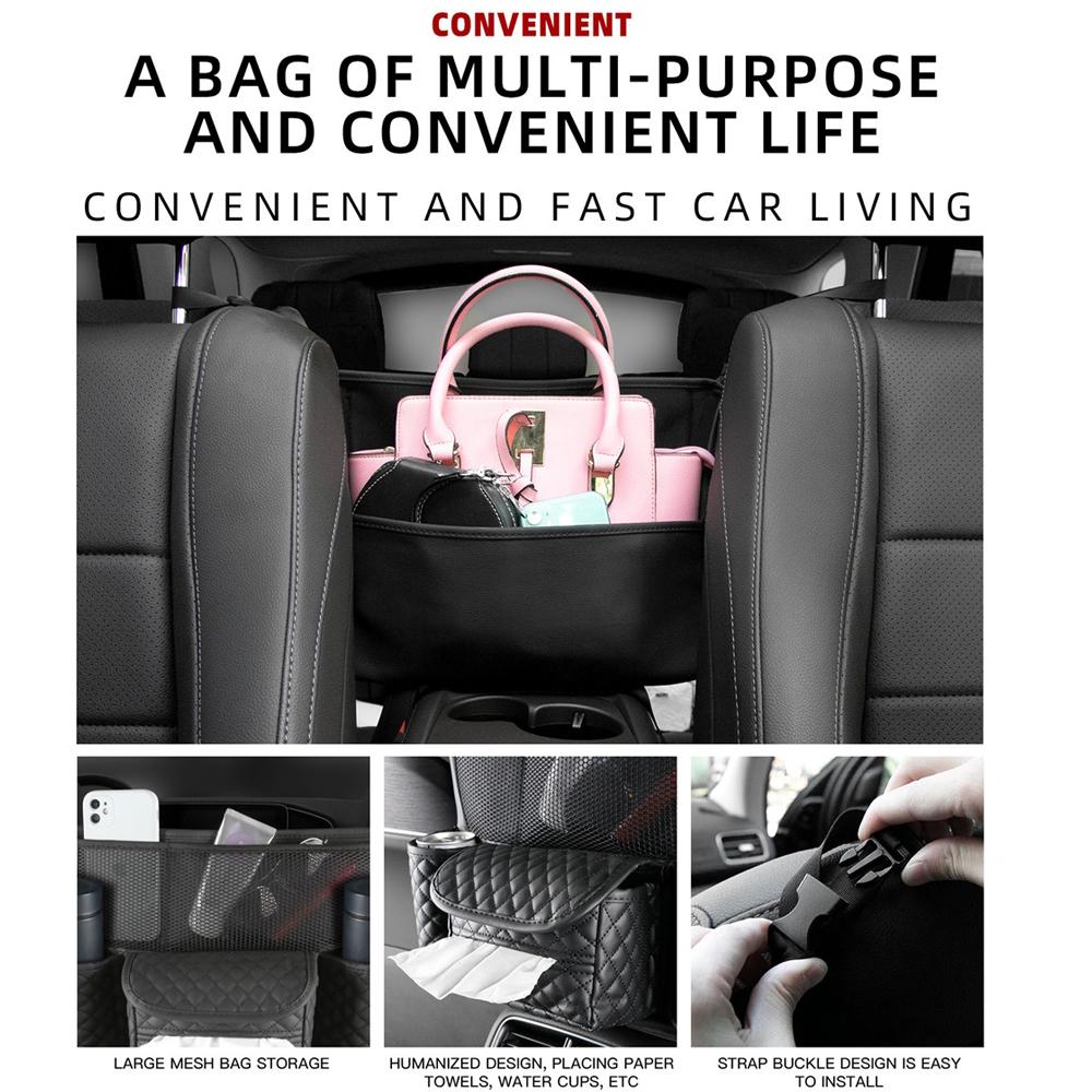 Car Seat Middle Hanger Storage Bag Large Capacity Auto Handbag Holder PU Leather Between Seats Tissue Water Cup Pockets