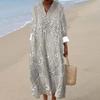 Women's Casual Fashion V-Neck Long Sleeve Textured Print Maxi Dress
