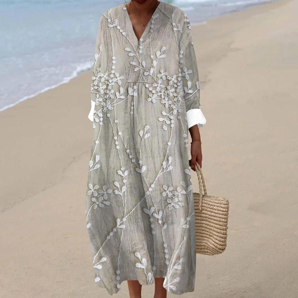 Women's Casual Fashion V-Neck Long Sleeve Textured Print Maxi Dress