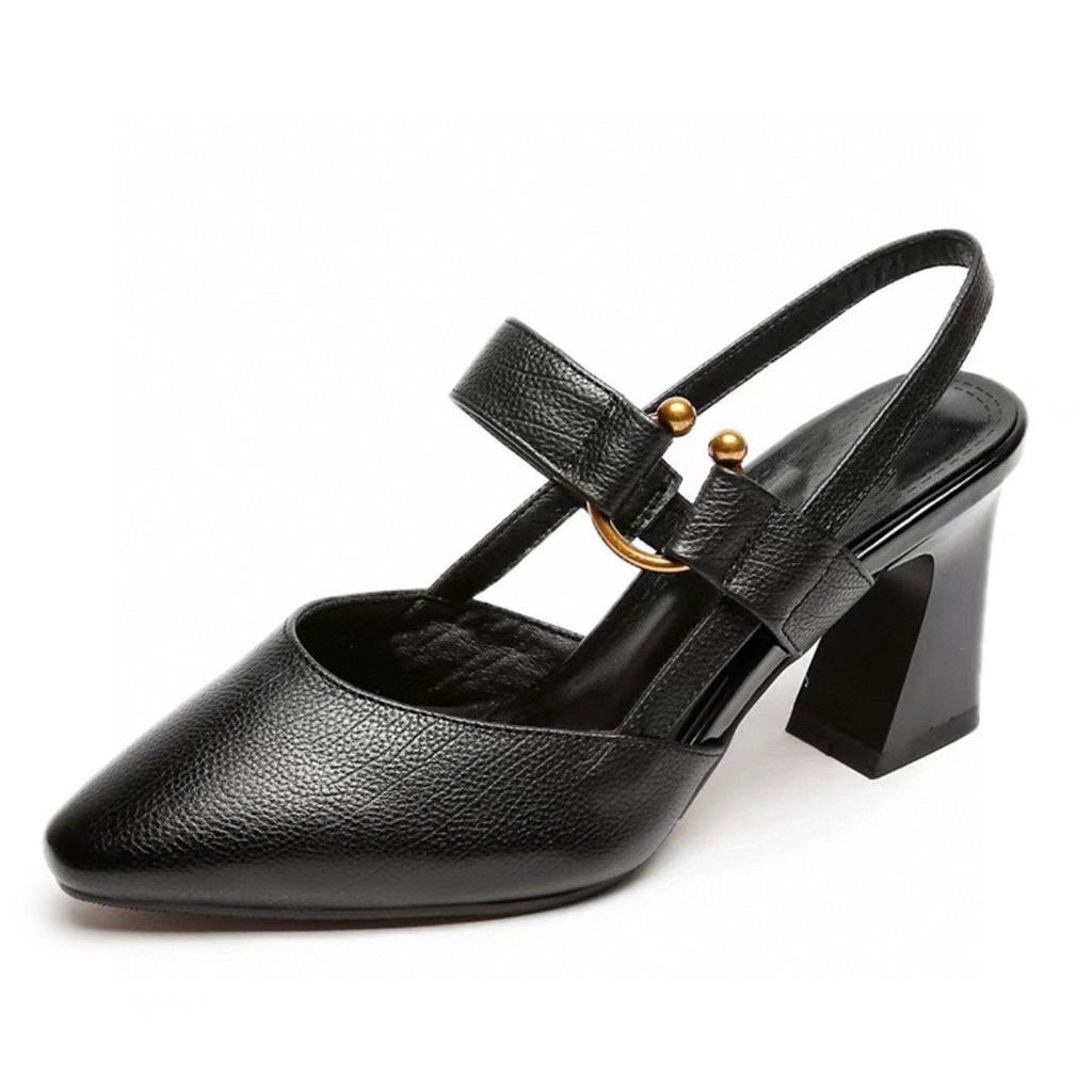 Pointed high-heeled sandals women's shoes summer new first-layer cowhide thick-heeled bag head empty fashion shoes