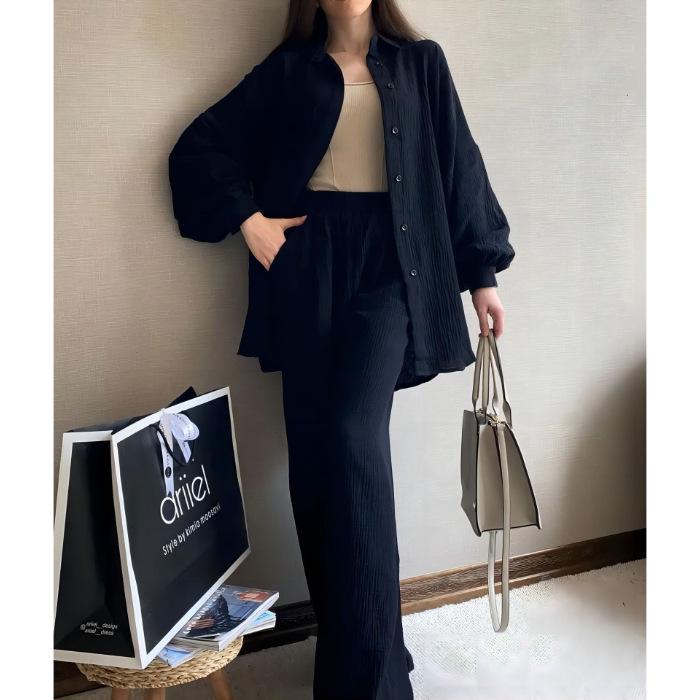 

Southeast Asia Casual Elastic Waist Button Shirt and Long Sleeve Sports Suit Two-piece Set. L