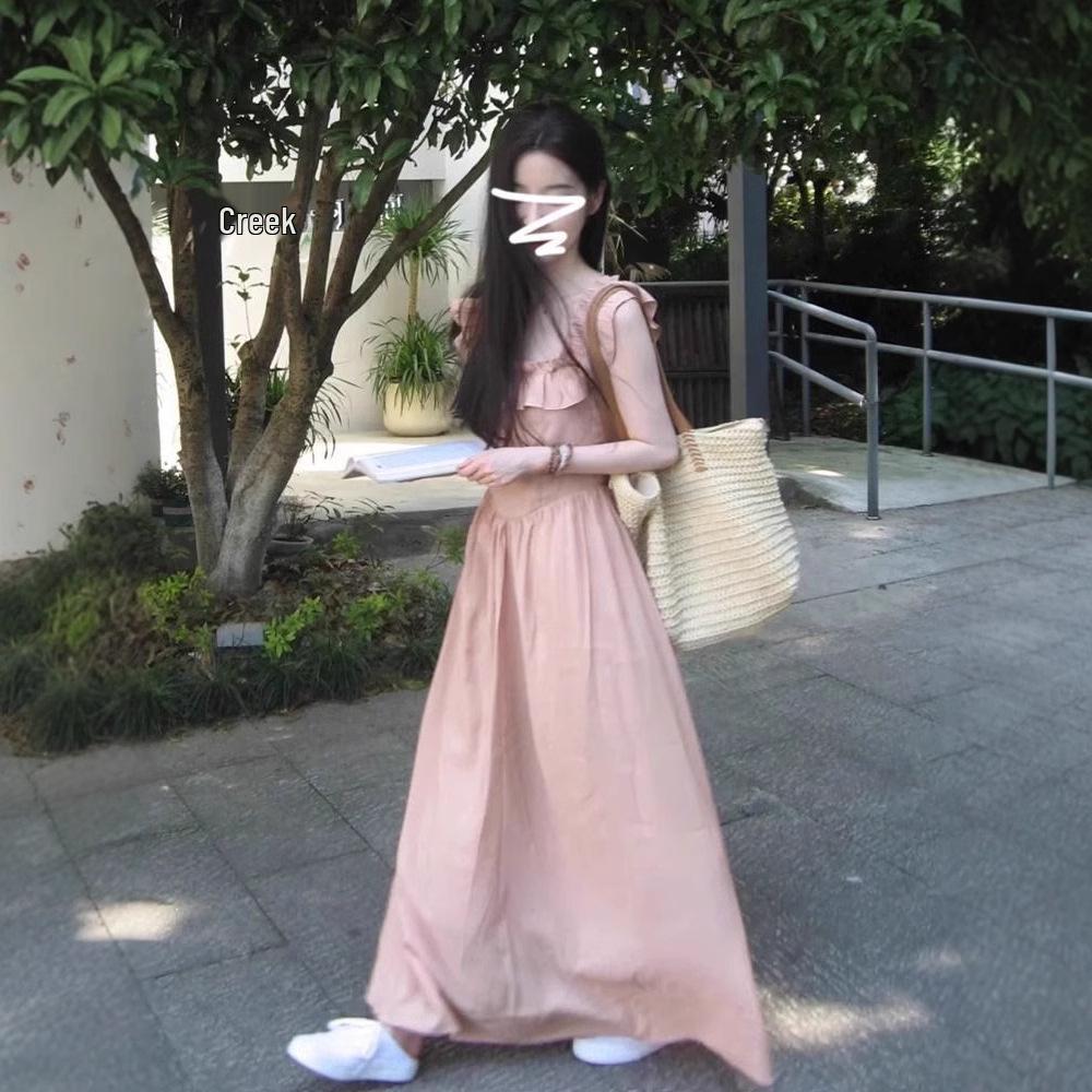 2025 French-Style Ruffle Square Neck Spaghetti Strap Summer Dress - Women's Elegant Vacation Wear