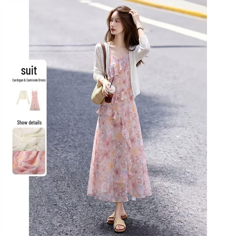 Knitted Cardigan & Floral Camisole Dress Two-Piece Set