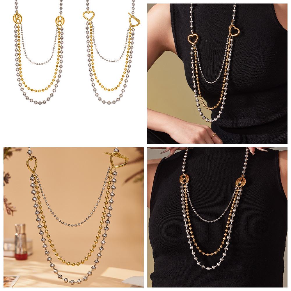 Qiong Yao Multi-layer Color Block Beaded Necklace, Long European Style, Bold Runway Stainless Steel Design.