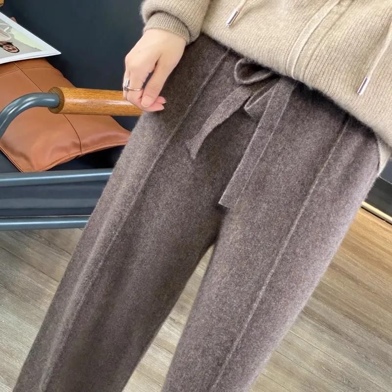 Pantalones holgados de lana con cintura alta y sensación de caída para mujer de otoño e invierno, pantalones casuales de pierna ancha para mujer, pantalones de lana de punto para pasar el rato