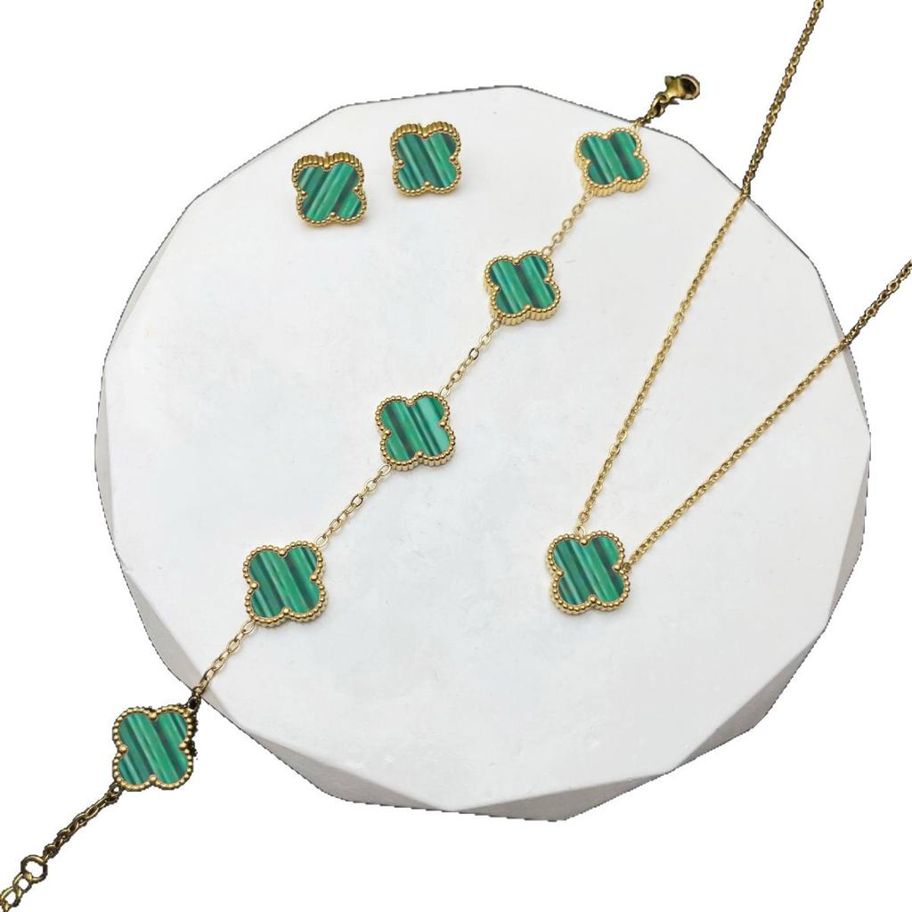 Set din trei piese colier, brățară și cercei trifoi cu patru foi de 13 mm, din oțel titan, set de bijuterii cu două fețe