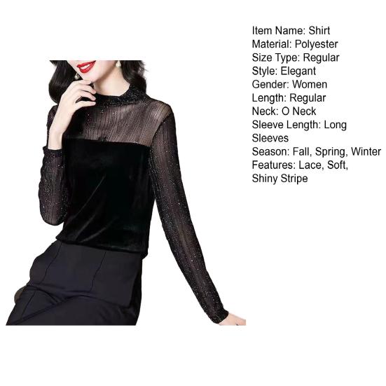 Women Shirt Shiny Stripe See-through Lace Patchwork Long Sleeve Stand Collar Solid Color Soft Pullover Commute Lady Blouse Top